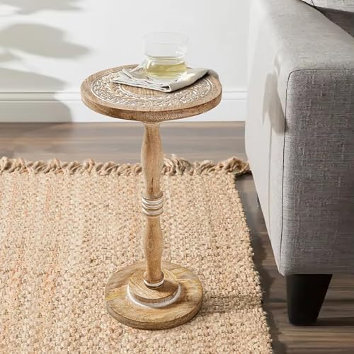 Hand-Carved Solid Wood End Table - 12x22 White Wash Finish Accent Side Table for Living Room, Bedroom Nightstand, Small Pillar Table for Plants or Décor - Image 3
