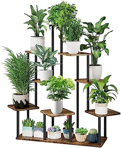 9 Tier Plant Stand Indoor, Thickened Metal Wood Corner Plant Shelf Stands for Multiple Plants, Indoor Tall Plants Stand Tiered Flower Holder for Living Room Patio Garden Balcony(Black+Brown) by YOCOMEY