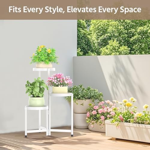 LASZOLA Plant Stand Indoor Outdoor Tall with Plastic Tray, 3 Tiers White - Image 2