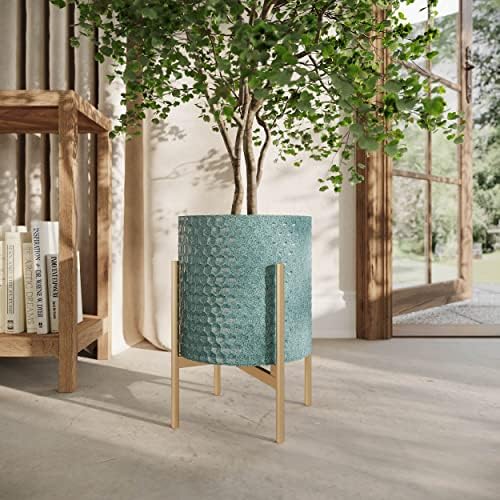 EverNest Mid-Century Modern Rhys Honeycomb Embossed Planter Pot with Loki Gold Stand, Metal Indoor Plant Pots, Blue Green Bohemian Style (Small 1 Gallon) - Image 5