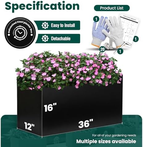 Black Planter Box 36" L x 12" W x 16" H, Rectangular Metal Planter - Image 3