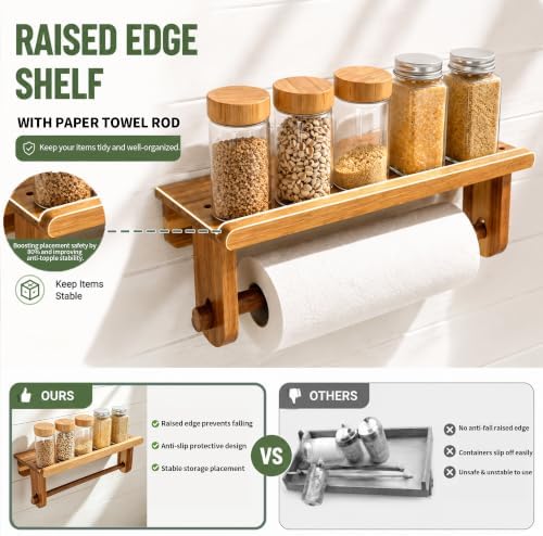 Taozun Acacia Wood Adhesive Paper Towel Holder with Shelf Wall Mount - Image 4