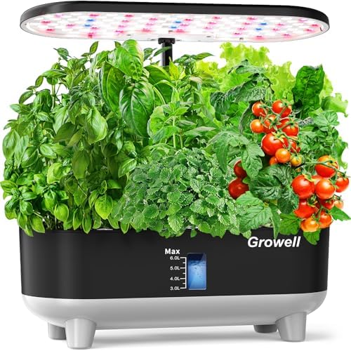 Growell Hydroponics Growing System Kit, 16 Pods Indoor Garden with 28W Full Spectrum LED Grow Light, Auto Timer, 3 Smart Light Modes, 8L Large Herb Garden, Ideal Gardening Gift for Women, Men (Black) by Growell