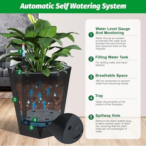 16 Inch Self Watering Planters Set of 2, Tall Diamond Design, with Water Level Monitor, Indoor Outdoor Flower Pots for Patio, Porch, Living Room, Home Office, White Black - Image 4