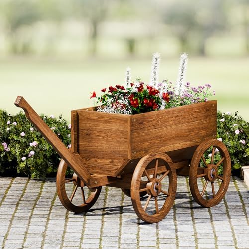 Wood Wagon Planter for Outdoor Balcony Decor - Garden Rustic Wooden Flower Cart with Wheels for Outside - Garden Decor - Amish Decorative Indoor - Wheelbarrow Planter for Patio - Image 7