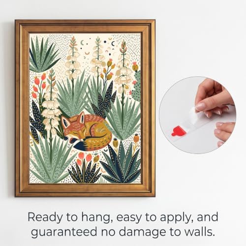 Framed Canvas Wall Art Bohemian Gouache Desert Foxes in Yucca Floral Pink and Yellow Canvas Print Poster Gold Frame Wall Decor for Living Room Southwestern Decor, Animal Art - Inch 16x20 - Image 2