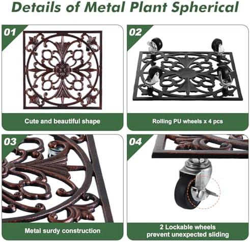 2 Packs 11.8" Square Metal Plant Caddy with Wheels Large Heavy-Duty Cast Iron Planter Dolly Pot Mover, Indoor Outdoor Vintage Rolling Plant Stands with Casters Wheeled Plant Roller Base, Bronze red - Image 4