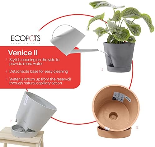 Ecopots Venice 2 Round Flower Planter with Water Reservoir, Grey, 8" - Image 5
