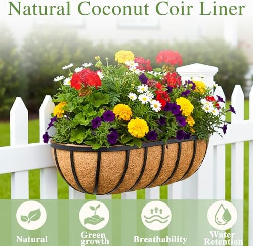 24 Inch Railing Planter Window Box Deck Balcony Rail Planter with Coco Liner Metal Wall-Mounted Coconut Liner Planter Basket English Horse Trough Planters for Outdoor Balcony Porch Fence (2 Pack) - Image 3