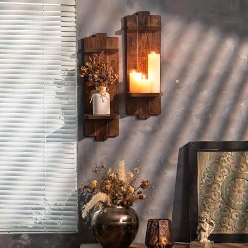 Large Wall Candle Sconces Set of 2: Wood Shelf Distressed Brown - Image 6