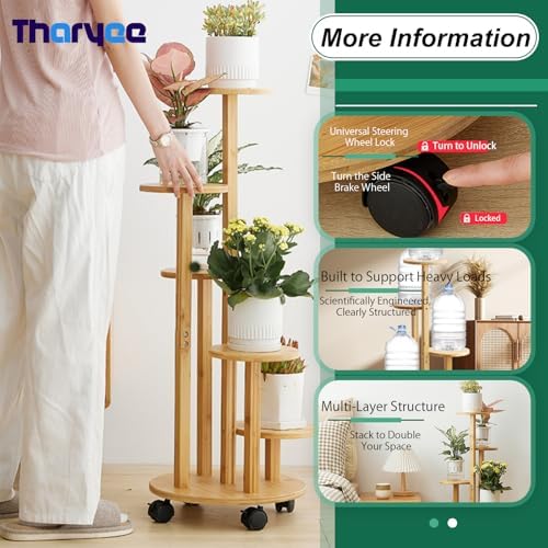 5 Tier Plant Stand Indoor Wood Shelf Corner Rack with Wheels, Wood Color - Image 3