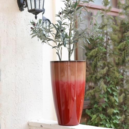 Outdoor Planter 21" Tall Planters Gardening Pots with Insert Shelf Accessories Weather-Resistant Plastic Flower Pot Front Porch Decor, Tan to Burgundy Gradient - Image 4