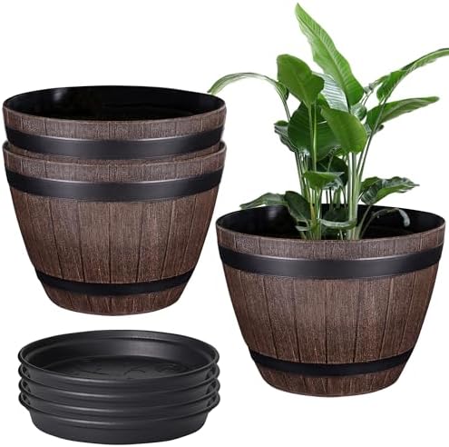 VECELO Plant Pots with Drainage Holes & Saucer, 13 Inch Flower Pots with Tray, 3 Pack Plastic Whiskey Barrel Planters for Indoor & Outdoor Garden Home Plants and Flowers by VECELO