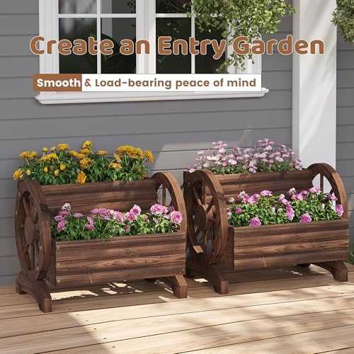 Wooden Wagon Planters for Outdoor Plants, Flower Cart, Wood Planter Boxes Outdoor, Backyard Decor, Flower Planters Outdoor with Wheels Planter for Flowers Vegetables (Carbonized) - Image 3