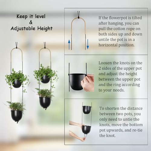 Modern Metal Hanging Planter for Indoor Outdoor Plants with Hook 2 Tier Boho Wall and Ceiling Flower Pots Baskets Holder Home Office Decor(Black) - Image 5