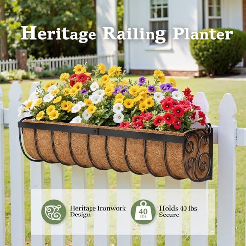 VOXOR Railing Planter Boxes, 24 Inch Window Boxes Planters, Balcony Planters with Adjustable Brackets & Coco Liner for Outdoor Fence, Deck, Porch, and Patio Gardening, 3 Pack - Image 3