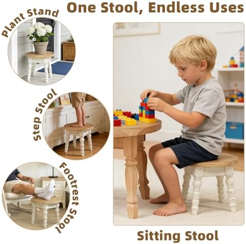 Vintage Solid Wood Step Stool, Round Farmhouse Wooden Stool, Easy Assembly for Kids, Plant Stand or Bathroom Kitchen French Country Shabby Chic Decor - Image 4