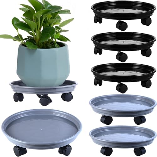 Planterhoma 6 Packs Plastic Plant Caddy with Casters 12” Plant Dolly Heavy Duty Rolling Plant Stand with Wheels for Indoor and Outdoor Large Heavy Plant Pot Rollers, Black and Grey by Planterhoma