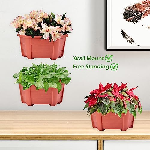 ORIMERC 9.8 inch 8 Pack Brick Red Wall Hanging Planters for Indoor Outdoor Plants Hanging Plant Holder with Drainage Hole Fence Balcony Planters Railing Hanging Pot Plant Wall Mount Decor with Hooks - Image 5
