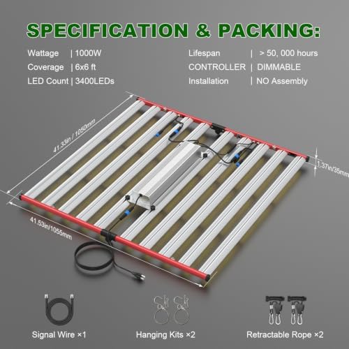 AGLEX 1000W LED Grow Lights, Full Spectrum Grow Light with UV IR, Daisy Chain Plant Bar Style Grow Light Foldable & Dimmable for Indoor Growing Commercial Hydroponic Growing Lamp 6x6ft Core Coverage - Image 2