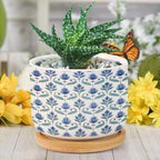 Blue Floral Planter Ceramic Mughal Flower Round Plant Pots with Drainage Holes and Bamboo Tray Pot for Succulents Cactus Garden Windowsill - Image 6