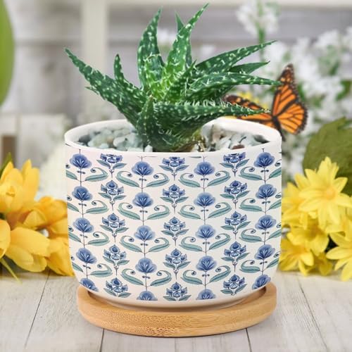 Blue Floral Planter Ceramic Mughal Flower Round Plant Pots with Drainage Holes and Bamboo Tray Pot for Succulents Cactus Garden Windowsill - Image 6