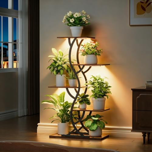 Plant Stand Indoor with Grow Lights - 5 Tiered Corner Plant Shelves (Brown) - Image 4