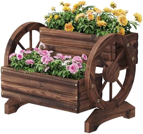 Wooden Wagon Planters for Outdoor Plants, Flower Cart, Wood Planter Boxes Outdoor, Backyard Decor, Flower Planters Outdoor with Wheels Planter for Flowers Vegetables (Carbonized) by FILWH