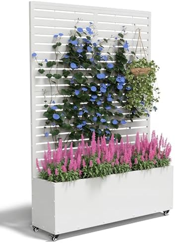 Metal Planter Box with Trellis,70.9"x47.2"x15.7" Raised Garden Bed with Drainage Holes, Privacy Planters for Outdoor Garden Bed for Climbing Plants,Vegetables,and Vines, White-louvered by FOLAWO
