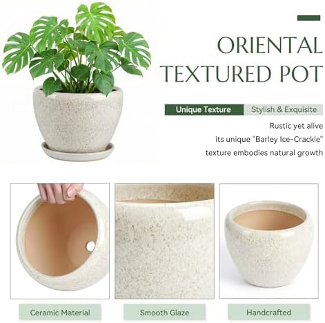 10.2 Inch Ceramic Planter with Saucer Leak-Proof Mesh &Drainage, Round Plant Pot with Gardening Gloves for Indoor Outdoor Plants - Image 3