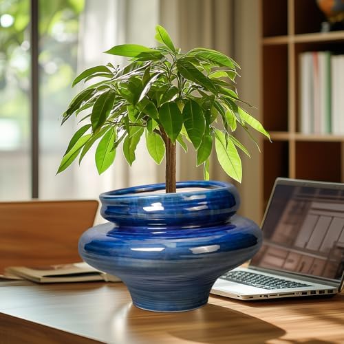Ceramic Pots for Plants - 11 Inch Ceramic Planter for Indoor Outdoor, Unique Planters with Drainage Hole, Decorative Flower Pot, House Office Garden Decor, Plants Lover Gifts, Blue - Image 2