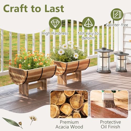 S AFSTAR 2 Pieces Acacia Wood Raised Garden Beds, Half-Barrel Planter Box with Legs, Drainage Gaps & Metal Bands, Rustic Plant Box Decorative Elevated Flower Pot for Indoor & Outdoor - Image 3