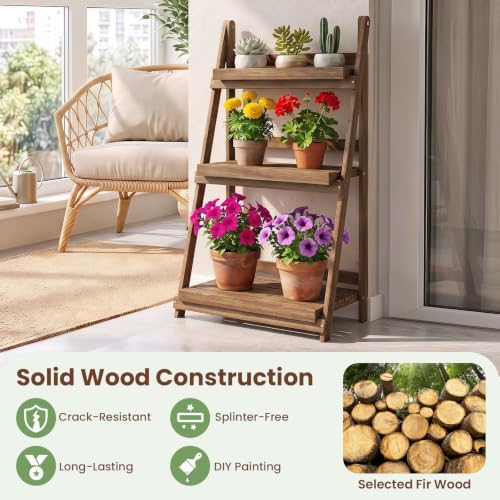 GIANTEX Foldable Wooden Plant Stand, 3-Tier Ladder Plant Shelf, Brown - Image 2