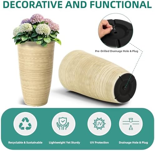 24" Large Outdoor Planters for Plants, Cream Beige Tall Flower Pots - Image 7
