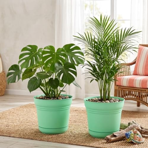 Bloem Saturn 10" Plastic Planter with Saucer, Mint Green, 4-Pack - Image 2