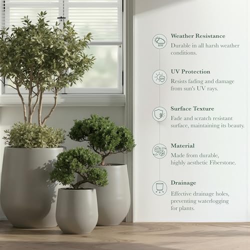 DTY Signature Mount Wilson Modern Indoor Outdoor Fiberstone Tapered Planter, Lightweight, Weather Resistant Garden Pot with Drainage Hole & Rubber Plug (Light Gray, 11'' D x 12'' H) - Image 4