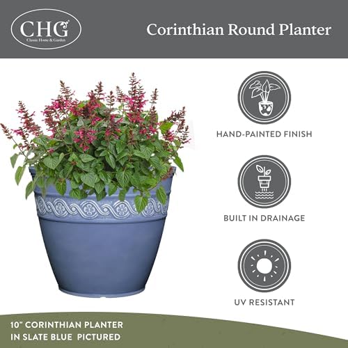 Classic Home and Garden Corinthian Round Resin Flower Planter Pot, Storm Gray 8" (Pack of 3) - Image 4