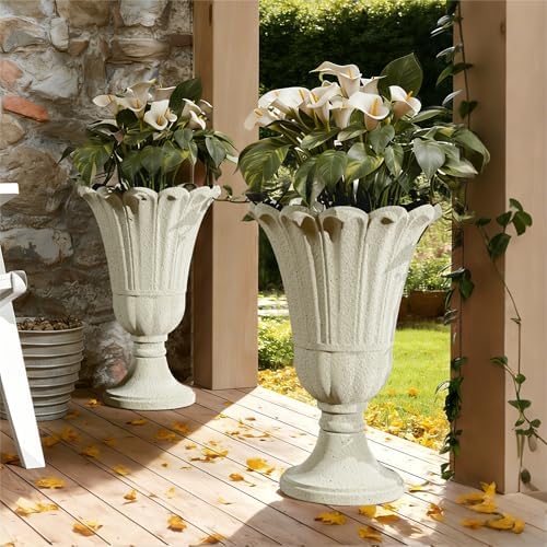 24" Tall Urn Planters for Outdoor Plants, Urns and Pedestal, Beige by Diyfire