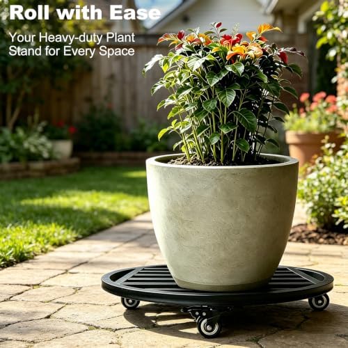 22" Metal Plant Caddy with Wheels Heavy Duty,Round Large Plant Stand Indoor Outdoor Use,Rolling Plant Dolly with Industrial Casters,Rust-Proof Black Plant Tray for Large Planters Pots,1-Pack - Image 7