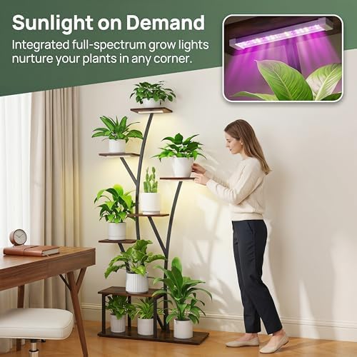 Quikraen 7 Tier Tall Plant Stand with Grow Light For Indoor Plants Growing 60in Indoor Flower Stand Tree-Shaped Plant Shelves for Living Room Patio Black - Image 2