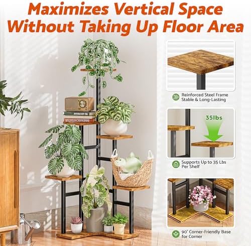 6 Tier Corner Plant Stand Indoor Wood Metal Plant Shelf Outdoor - Image 4