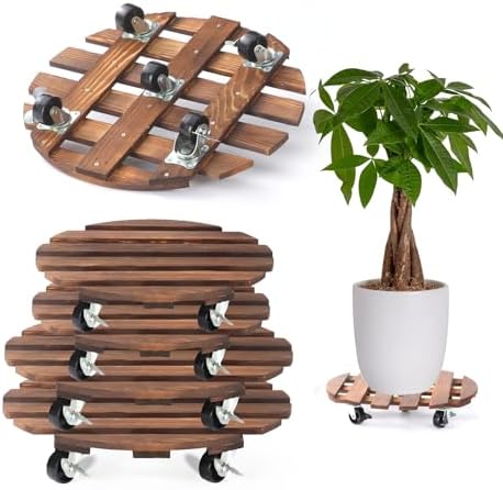 4 Pack Plant Caddy with 5 Wheels, Wood Rolling Plant Stand 220 LB Heavy Duty, Plant Dolly with Metal 360° Lockable Caster Wheels for Outdoor Indoor Large Plant Pots, Flower Pot, Patio (14"+14"+12"+12") by PRAQECZ