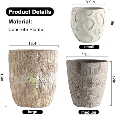 Round Concrete Style Planter Set of 3, Large Outdoor Flower Pots with Drainage, Stone Texture Plant Pots for Indoor Outdoor Garden, Patio & Balcony Décor (3, Sandstone) - Image 2