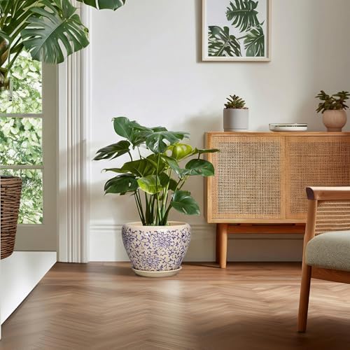 Ceramic Pots for Plants 10 Inch - Indoor Flower Pots with Drainage Hole and Tray, Decorative Pot for Indoor Outdoor Plants, Round Planters, Bathroom Decor, Gifts for Men Women, Retro Blue - Image 3