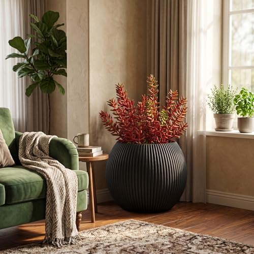 16" Sphere Fluted Outdoor Planter, Black,Modern Round Plant Pot - Image 3