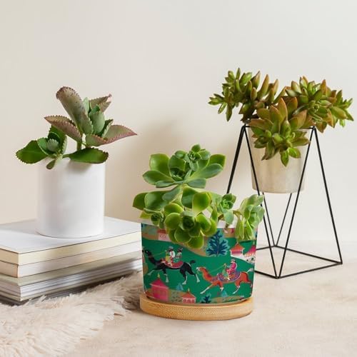 Bright Emerald Green Planter Ceramic Chinoiserie Decor Round Plant Pot with Drainage Holes and Bamboo Tray Pot for Home Desktop Office Windowsill - Image 4