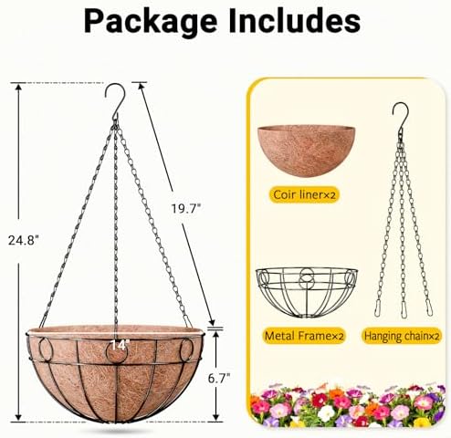 ZeeDix 2 Pack 14 Inch Metal Outdoor Plant Hanging Baskets, Round Wire Planter Basket with Coco Coir Liner, Large Hanging Flower Pots for Outdoor Garden Yard Patio Porch Balcony Decor - Image 5