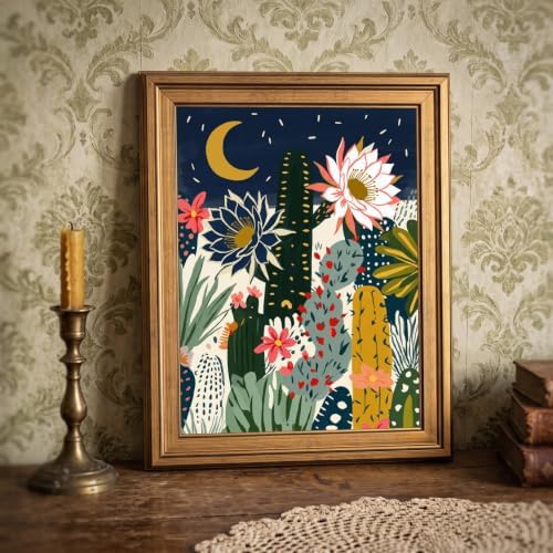 Framed Canvas Wall Art Bohemian Gouache Desert Night Cereus Flowers Navy and Coral Cacti Canvas Print Poster Gold Frame Wall Decor for Living Room Bedroom Boho Art, Desert Decor - Inch 12x16 - Image 6
