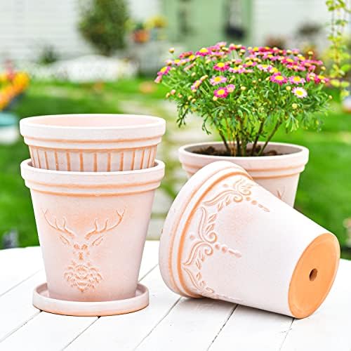 Sungmor Set of 3, 8 Inch Deer Embossed Terra Cotta Plant Pots by Sungmor