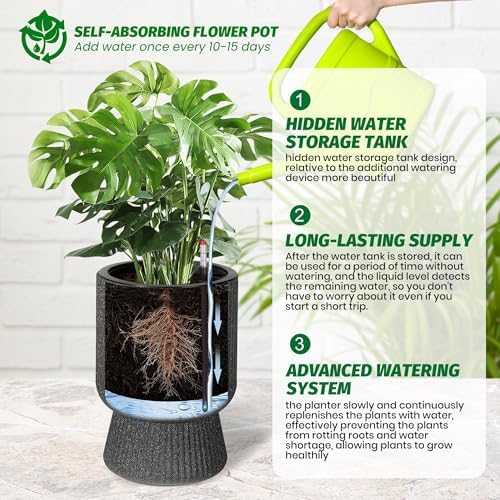14 Inch Self Watering Planters Set of 2 with Water Level Indicator, Textured Modern Tall Indoor Outdoor Planter Pots, Black Flower Pot with Inner Bucket for Patio, Home, Office - Image 6